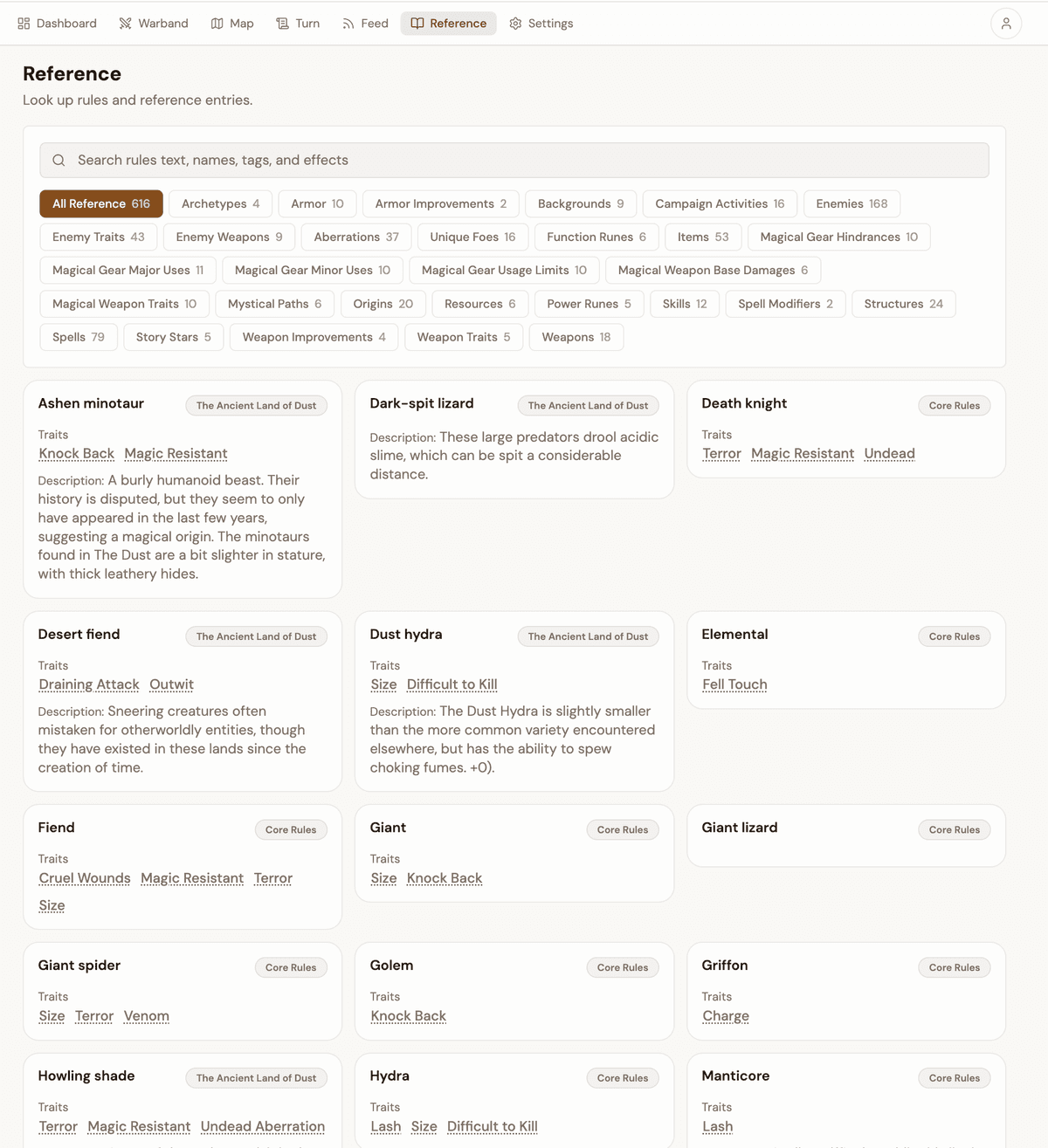 Quick rules reference lookup